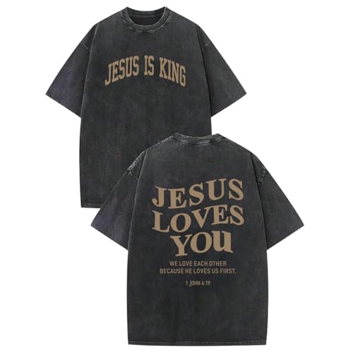 KEEVICI Boys Faith Over Fear Shirt Christian Jesus T Shirts for Kids Bible Verse Religious Graphic Tees Acid Wash Tshirt(Black 2 150)