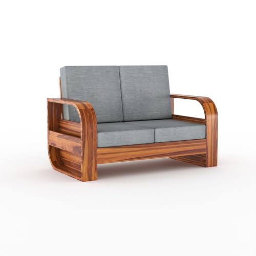 Image of Sheesham Wood 2 Seater Sofa Set with 40 Density Cushion for Living Room Home Office Solid Wood Sofa Set Furniture Wooden Two Seater Sofa Set (Natural,Grey)