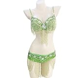 Women's Belly Dancer Costumes Carnival Performance Dancing Outfits Belly Dance Bra and Belt Bellydance 2-Piece Set,Green,L