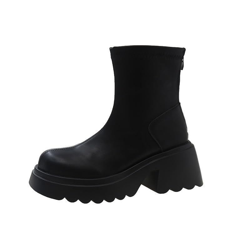 Botines de mujer plataforma punta redonda cuero retro botas cortas moda al aire libre antideslizante británico botas pantorrilla chic zapatos mujer otoño invierno, Le Noir, 35 EU