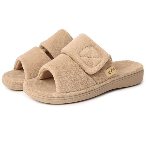 Women's Fuzzy Adjustable Arch Support Slippers Open Toe House Shoes for Orthopedic Plantar Furry House Slide Slippers All Season Beige Black Color US6-US11 - Main Image