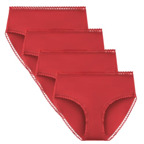 Women's Hi Cut Cotton Underwear Lace Trim Brief Breathable Comfort High-Waisted Panties Multipack Medium Red 4