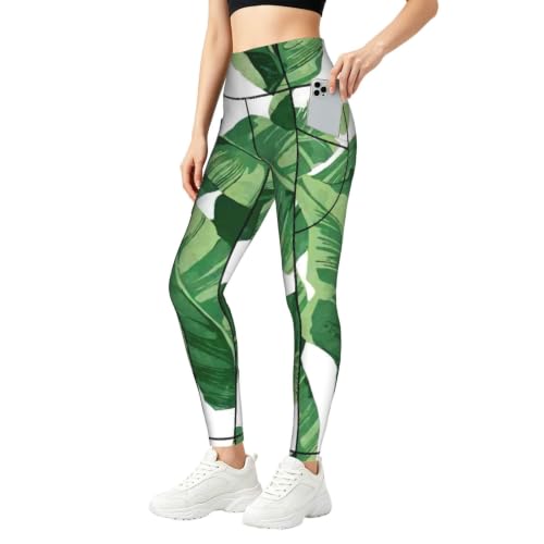 Pantalon de yoga pour femme avec poches et imprimé feuilles vert