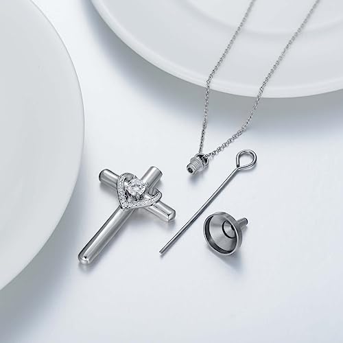 AOBOCO Cross Necklace for Ashes, Sterling Silver Birthstone Cross Urn Necklaces for Ashes Embellished with Crystals from Austria Keepsake Cremation Jewelry for Pet Human Ashes2