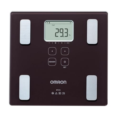 OMRON BF 214 - Bilancia per l'analisi personale e corporea, misurazione del peso, del grasso corporeo e della massa muscolare scheletrica, memoria per un massimo di quattro utenti, calcolo dell'IMC