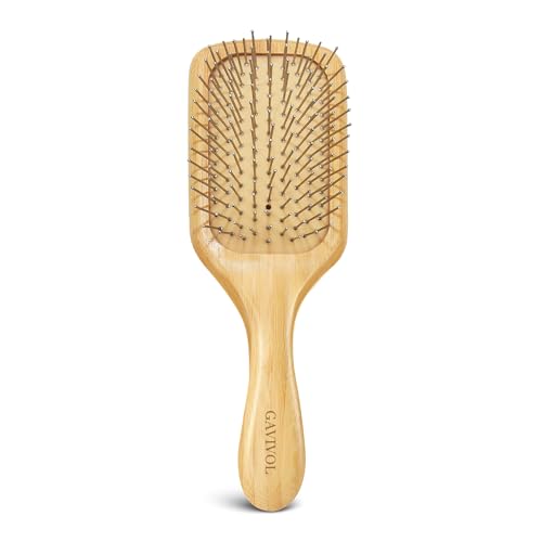 Bamboo Paddle Hair Brush with Metal Bristles – Anti-Static Detang...