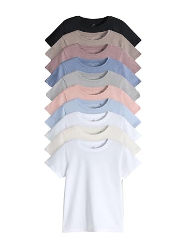 THE SET Mädchen Regular Fit Kurzarm-T-Shirts aus Baumwollgemisch, 10er-Pack Black/Brown/Grey/Pink/Cream/White 140-