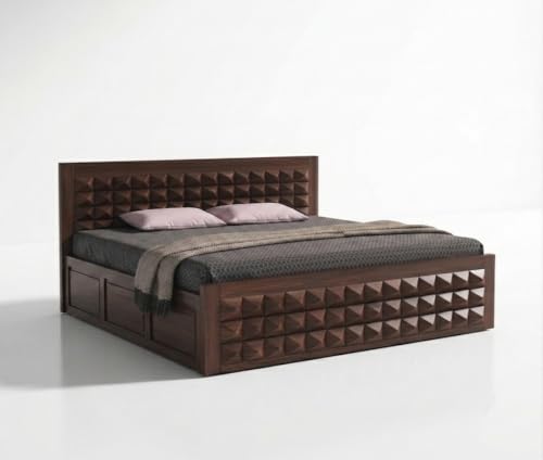 Image of Diamond Solid Sheesham Wood Queen Size Bed with Storage & Bedside|Wooden Box Queen Size Double Cot Bed with Storage Box+2 Side Tables for Home, Bedroom,Living Room,Hotel|Walnut Finish