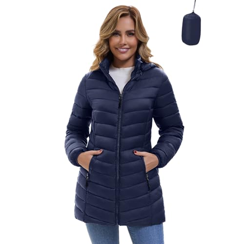 ZMC Women's Packable Winter Puffer Jacket, Lightweight Hooded Puffer Coat, Quilted Mid-Length Coat with Detachable Hood (Navy Blue,M)