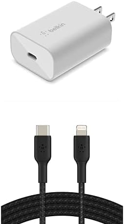 Bundle of Belkin 25 W Wall Charger - Power Delivery - PPS Fast Charging for Samsung Galaxy S23 S22 Ultra, Note10, Note9, Pixel 7, Pixel 6, iPad, AirPods & More + Belkin 3.3ft USB-C to Lightning Cable