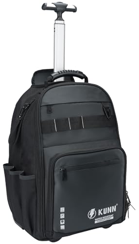 KUNN Tool Backpack with Wheels, Heavy Duty Rolling Tool Bag with 47 Pockets & Loops, Water-Resistant Work Backpack for Electrician Construction HVAC, Black