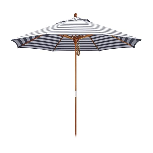 7/9ft Outdoor Striped Patio Umbrella, UV50+ Garden Parasol with Pulley Lift, Vented Beach Umbrella, Foldable Wooden Pole, Sunshade for Deck, Pool