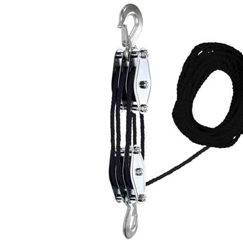 Rope Hoist Pulley System - 2200 lbs Breaking Strength Hoist, 50 ft Ratchet Puller | Heavy Duty Garage Lifting Power Pulley, Rope Block and Tackle Pulley for Warehouse Hunting Gear Deer Hanger Setup