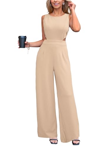 CUPSHE Damen-Jumpsuit mit Rundhalsausschnitt, ärmellos, rückenfrei, langes Bein, lässig, elegant, kaki, S