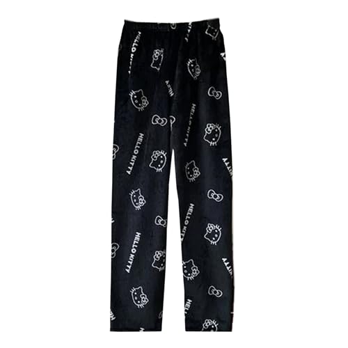 Image of BIUGNVW Anime Pajamas Pants Women Cartoon Family Christmas Pajama Pants Kawaii Flannel Pajama Pants Black and Pink
