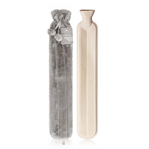 Revitale Extra Long Hot Water Bottle with Soft Faux Fur Pom Pom Cover – 72cm, 2 Litre British Standard (Slate Grey)