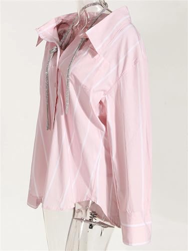 Vsadsau Women Rhinestones Striped Big Size Blouse Lapel Long Sleeve Loose Spring Autumn Shirt3