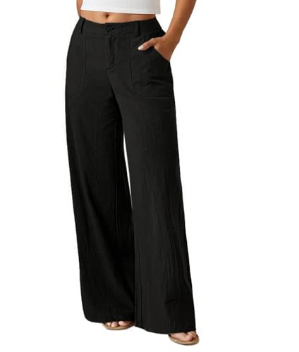 Womens Linen Blend Casual Pants Stretchy Wide Leg Lounge Pants Loose Fit Trousers with Pockets2