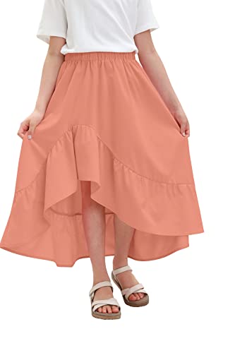 Bigeoosh Girls Elastic High Waist Skirts Kids Summer Ruffle Bottom Flowy High-Low Maxi Skirts 5-14 Y Orange #TOP11