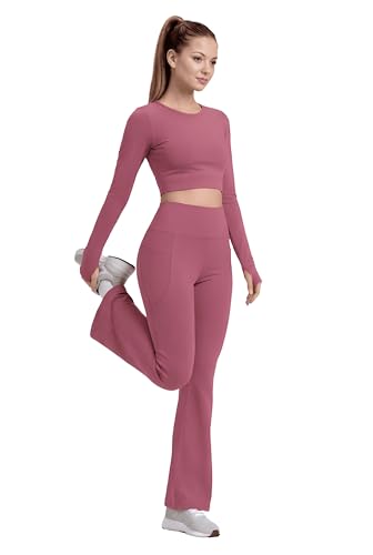 Image of Women's 2 Piece Yoga Set - Long Sleeve Crop Top Non Padded & High Waisted Bell Bottom Leggings with Pockets | Thumb Hole Sleeve Stretchy Workout Outfit for Gym, Running Wear Sportswear