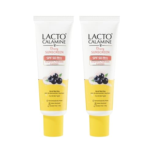 Image of Lacto Calamine Dewy Glow Lightweight Sunscreen SPF 50 PFA +++ UVA & UVB Protection-Oily Skin | Acai Berries, Niacinamide & Watermelon | Dermatologically Tested | 50g each - Pack of 2