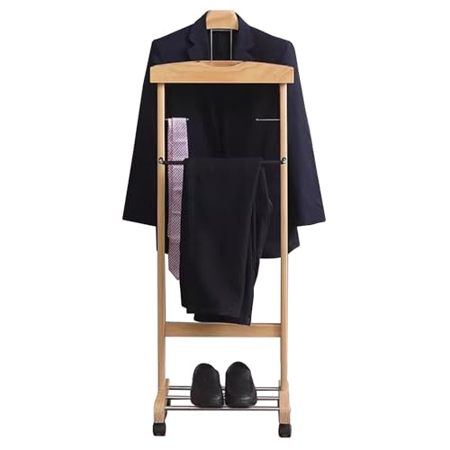 Soporte de madera para hombre con ruedas, perchero independiente para ropa y zapatos para entrada y dormitorio, colgador de contorno de madera natural para pantalones y corbatas