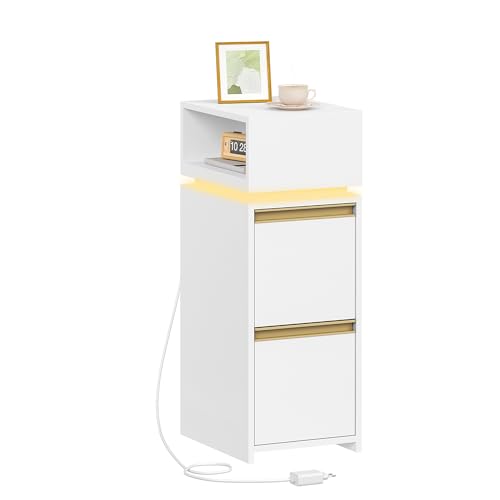 HEXCELEN Table de Chevet Étroite, Tables de Chevet avec Lumière LED, Tables de Nuit avec 2 Tiroirs et 1 Compartiment Ouvert, Table d'appoint, pour Chambre à...