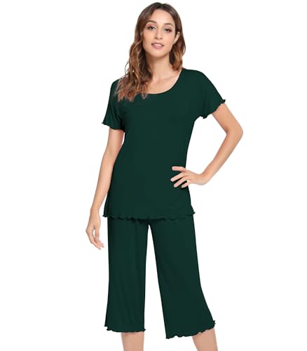 Image of NACHILA Women's Bamboo Viscose Pajama Sets Summer Cooling Short Sleeve Capri Soft Pjs Night Sweats Moisture Wicking Sleepwear