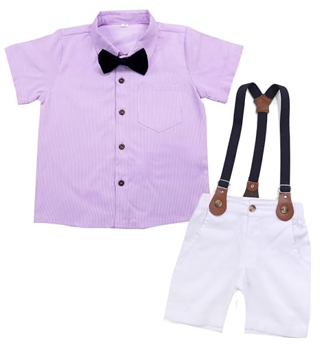 CosmicKolors Baby Boys’ Striped Shirt & Suspender Shorts Set: Multicolored Half Sleeves, White Shorts with Bow-Tie