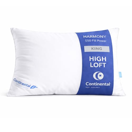 Continental Bedding Harmony White Goose Down Pillow 550 Fill Power Firm Loft 100% Cotton 400 Thread Count Shell King Size 1 Pack Made in USA