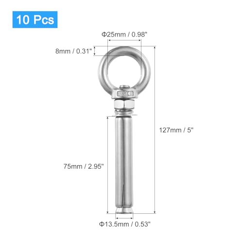 Image of uxcell Ring Lifting Expansion Eyebolt, 10pcs M10x100mm 304 Stainless Steel Expansion Screw with Eye Ring for Concrete Brick Wall