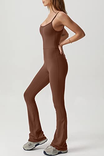Qinsen Women's Flare Jumpsuit Backless Sports Romper Playsuit Sleeveless Bodysuit Brown L #TOP2