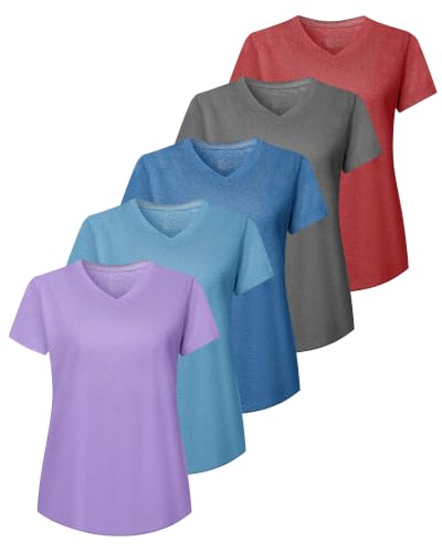 Image of 6 Pack Workout Tops for Women Short Sleeve V-Neck Athletic T Shirts UV UPF 50+ Sun Protection Quick Dry Gym Running Yoga Tee