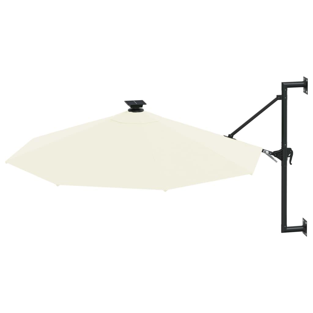 Ombrellone da parete con 28 luci a LED, 300 cm, colore bianco sabbia, meccanismo a manovella e funzione di inclinazione per balcone e terrazza, protezione UV in poliestere