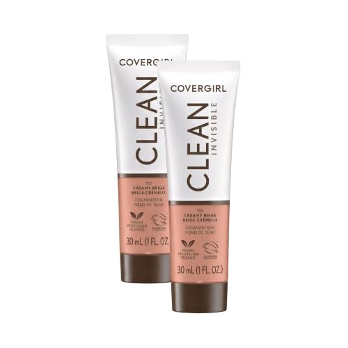 COVERGIRL Clean Invisible Foundation Makeup, Dewy &amp; Glowy Natural Finish, Buildable Coverage, Skin-Like Smooth Look, Vegan, Creamy Beige, 1oz (Pack of 2)