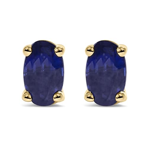 14K Yellow Gold 5x3 MM Oval Blue Sapphire Solitaire Stud Earrings