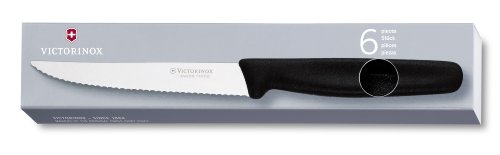 Steakmesser-Set 6 Stück mit Wellenschliff (11cm Klinge, Spitz, Rostfrei, Edelstahl, Spülmaschinengeeignet) schwarz