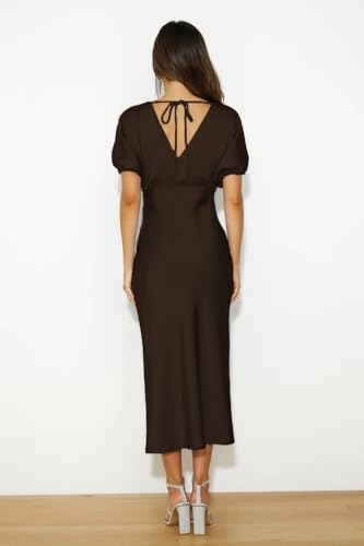 Image of Summer Satin V Neck Puffy Sleeves Empire Waist Midi Dresser Silk Sexy Tie Back Formal Cocktail Dresser for Women Wedding