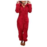 Overall Damen Jeans Damen Jumpsuit Langarm Onesie Teddy Fleece Pyjama Kurze Schlafanzug Einfarbig Overall Kuschelig Hausanzug Anzug Flauschig Tieroutfit Warme Schlafoverall mit Kapuze