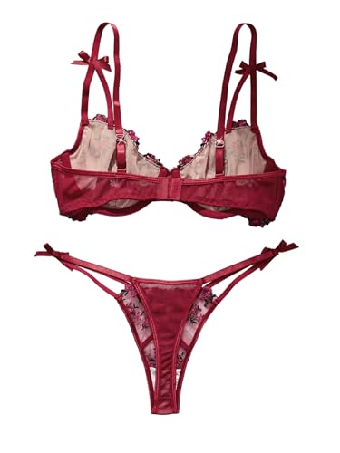 Image of Lilosy Sexy Underwire Cute Push Up Strappy Embroidered Mesh Sheer Lingerie Set See Through Panty Bra
