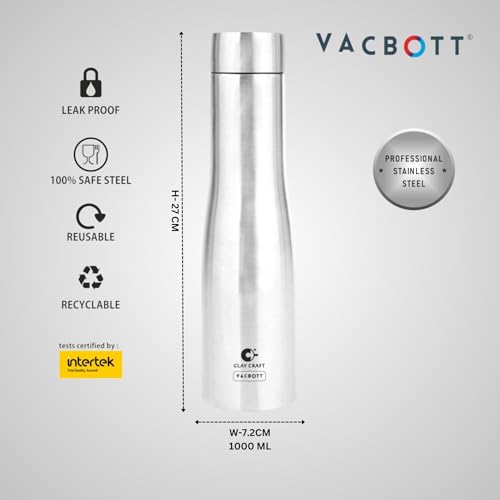 Image of Clay Craft VACBOTT Petra Single Walled Non Insulated Water Bottle-1000ML, 3-Piece(Silver) Leak Proof | Easy Grip |Easy To Carry| Gym Bottle | Home | Kitchen | Hiking | Treking Bottle | Travel Bottle