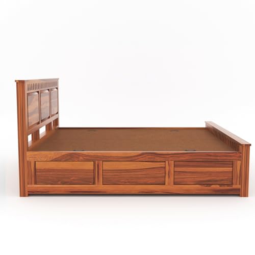 Image of Sheesham Wood King Size Bed with Storage Box | Wooden Box Bed King Size Double Cot Bed with Storage for Bedroom | Premium Kuber Dalla Design Headboard Bed for Hotel, Home | Honey Finish