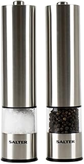 Salter 7522 SSTUR15 Stainless Steel Electric Salt & Pepper Mills, Clear Acrylic Body, Adjustable Grind, One Touch, Built in Light, for Spices, Seasonings, Removable Base Cap, Twist Lock Base