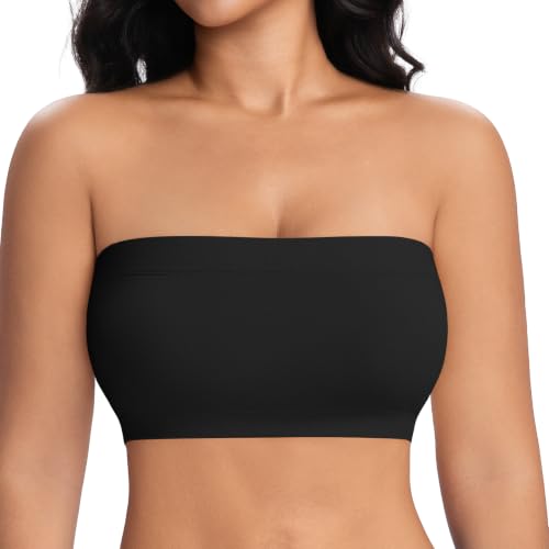 #VerdientProvisionen<br>Bandeau BH mit Brüstegepolster Damen Trägerloser Padded Bustier Top ohne Bügel Schulterfrei Bra Tube Top mit Transparenten Trägern Schwarz M