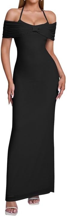 Off The Shoulder Halter Tie Corset Maxi Dress Bodycon Formal Wedding Guest Cocktail Dresses for Women