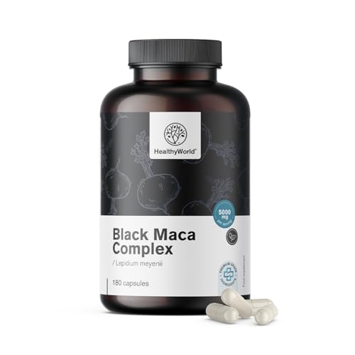 HealthyWorld Schwarze Maca-Komplex 5000 mg - 180 Pflanzenkapseln - 6 Monatsvorrat - mit sibirischem Ginseng L-Arginin schwarzem Pfeffer und Zink