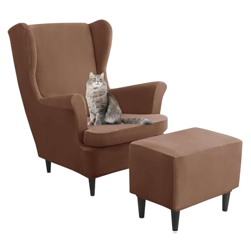 Fundas de terciopelo marrón para renovar el sillón orejero y el taburete