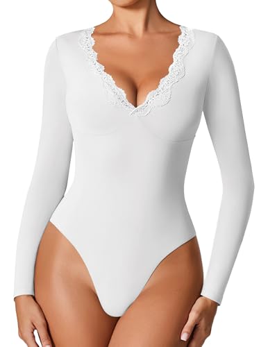 Avidlove Women Long Sleeve Bodysuit Lace Plunge V Neck White Bodysuit Double Lined Leotard Shirt Fall Outfits White S
