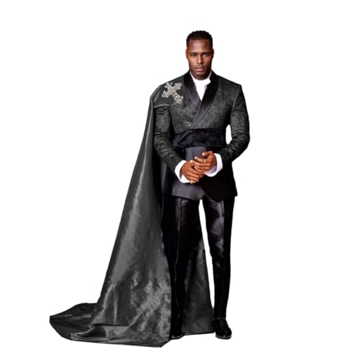 3 Piece Slim Fit Prom Suits for Men Floral Blazer Pants Detachable Satin Capes Shawl Collar Tuxedo Set