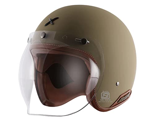 Image of Axor Retro Jet Leather ISI and DOT Certified Matte Finish Open Face Helmet for Men and Women with Clear Visor- Dull Desert Storm -M